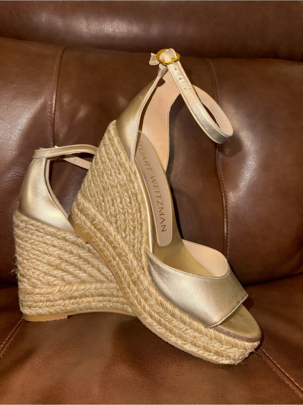 Stuart Weitzman Gold Espadrille Wedge Sandals with Ankle Strap